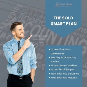 Visual of the Solo Smart Plan by Apex Flow Accounts, highlighting stress-free Self-Assessment and expert bookkeeping services for small businesses.